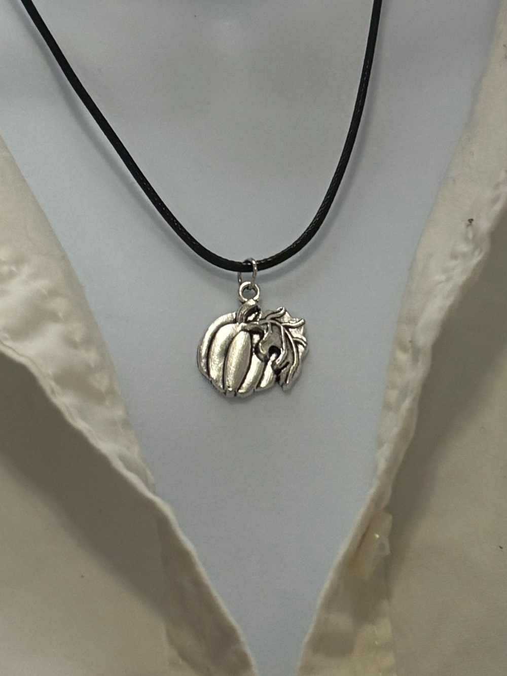 Black Cord Necklace with Silver Pumpkin Charm
